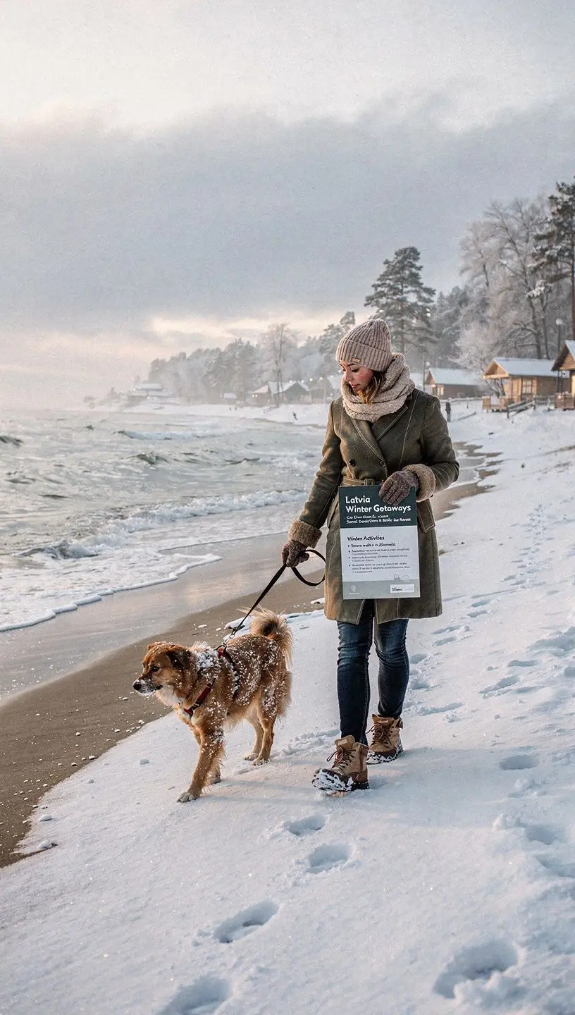 A scenic view of a coastal road in Latvia, lined with lush greenery and the sparkling sea in the background.