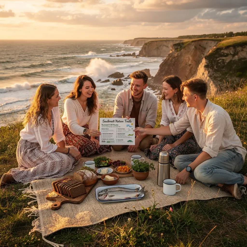 Tourists exploring a vibrant seaside market, filled with local crafts and fresh seafood, capturing the essence of Latvian coastal culture.